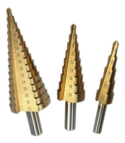 Imagen 2 de 4 de Set 3 Broca Pino Conica Escalonada 4 A 32 Mm Paso A Paso