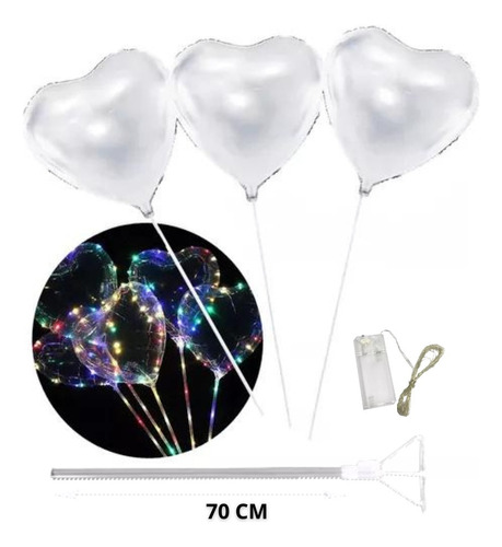 25 Globos Burbuja Cristal Corazón Led 45cm + Palito De 70 Cm