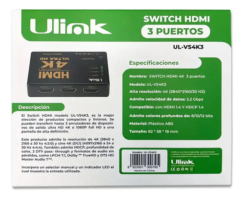 Switch Hdmi V1.4 Ulink De 3 Puertos 4k 30hz Ul-vs4k3