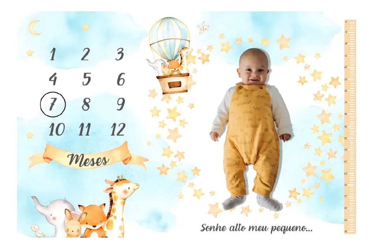 Lençol Mesversário Animais Azul Minha Estrelinha Cenário para Fotos de Bebê