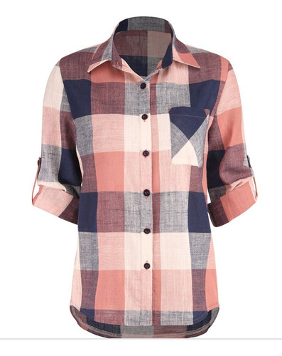 Camisa Casual A Cuadros De Algodón Y Lino Para Mujer