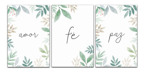 Kit Placas Quadros Decorativos 3 Pçs Mdf 20x30 Amor, Fé Paz