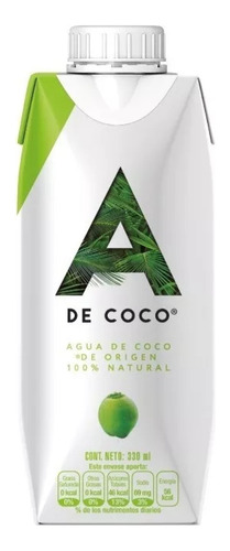 Agua De Coco Natural Sin Azúcar 330 Ml A De Coco Caja 12 Pzs