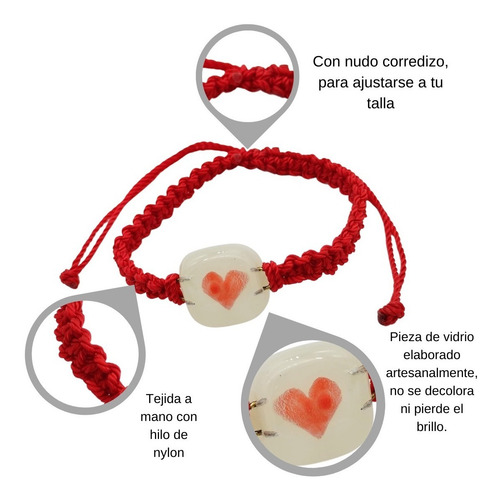 Imagen 3 de 7 de Pulsera Tejida Macramé Corazón Rojo Pintado A Mano Vidrio