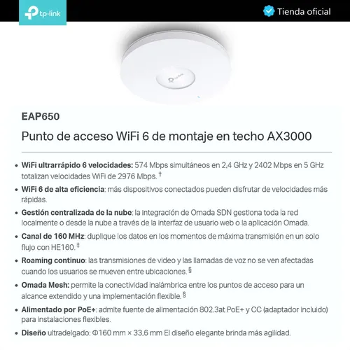 Tp-link, Access Point De Techo Gigabit Wifi 6 Ax3000, Eap650