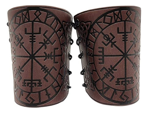 (1 Par 2 Piezas) Pulsera Nórdica Vikinga En Relieve Marrón Y