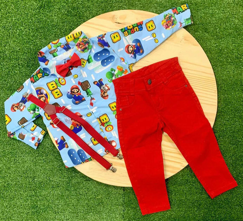 Conjunto Calça Festa Aniversário Longa Super Mario Infantil