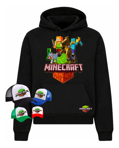 Polerón Canguro + Gorro Minecraf, Niños/as Jóvenes, Adultos