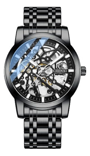 Relógio Masculino Automático Chenxi Tourbillion Skeleton Correia Preto Bisel Preto Fundo Preto