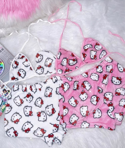Pijamas De Dama Short Y Crop Top Brassier De Hello Kitty