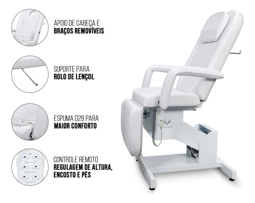 Maca Poltrona Elétrica Bivolt Completa Rodizios Plastificação Pedal Controle Estética Spa Cor Pérola / Base Branco