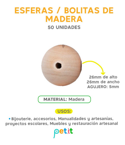 Esferas /bolitas De Madera De 26mm X 50 U. Manualidades