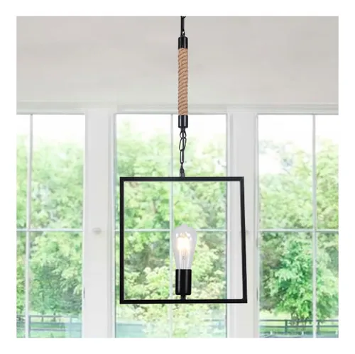 Lámpara Colgante Yute/cuadro Negro Porta E-27 Con Ampolleta