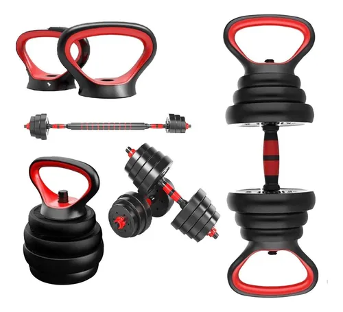 Mancuernas Ajustables 20 kg Total Set 2en1 Fitnics + Barra - Rojo