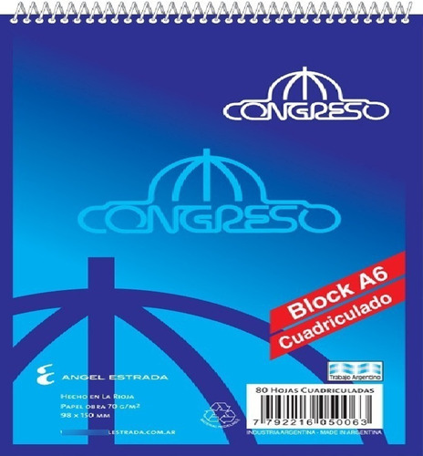 Block Congreso Esquelita A6 C/espiral X 80hs Ray O Cuad