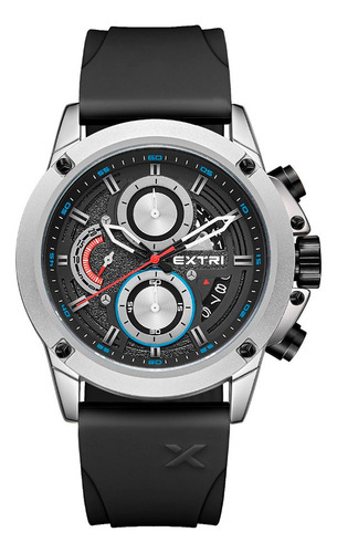 Relógio De Pulso Extri X6065 Com Corria De Silicone Cor Preto E Prata - Fondo Preto - Bisel Prateado