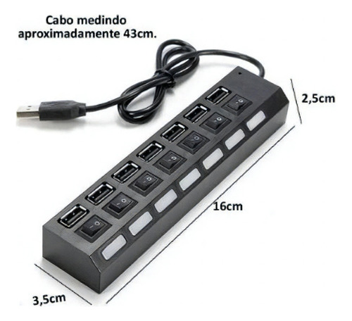 Hub 7 Portas Usb 2.0 Com Switch E Led Indicador