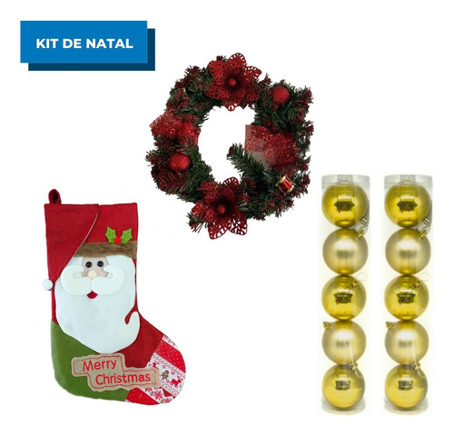 Kit Árvore De Natal Com Bolinhas Guirlanda E Meia Natalina Cor Dourado