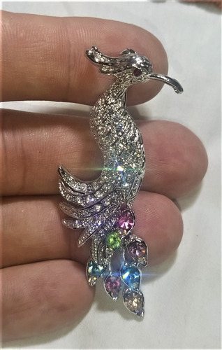 Prendedor Pavo Real Metal Con Piedras Bellisimo Plateado (Usado)