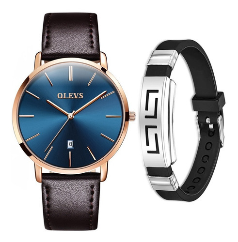 Relógio Masculino Social Dourado Casual De Luxo + Pulseira Cor da correia Marrom Cor do fundo Azul