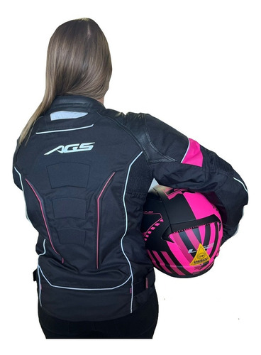 Campera Moto Ags Cuero Negro Fucsia - Cuatro Estaciones
