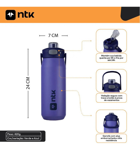 Garrafa Térmica Isomax 750ml Aço Inox Ntk Azul-marinho