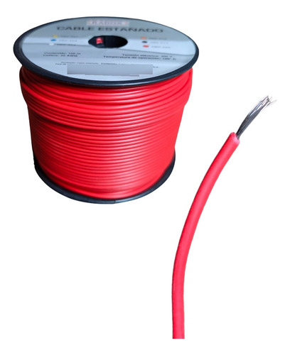 Rollo Cable Estañado Unipolar Calibre #22 Color Rojo 100m 
