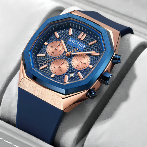 Reloj Cronógrafo Con Calendario Cuadrado Megir Color De La Correa Azul