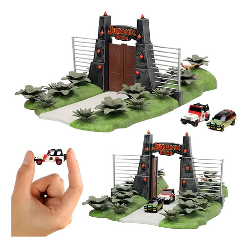Diorama de cena Jurassic Nano do 30º aniversário de Jurassic Park com dois carros fundidos sob pressão de 1,65 polegadas