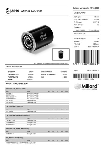 Filtro De Aceite Ml-3519 (51268) Motores Caterpillar Kodiak