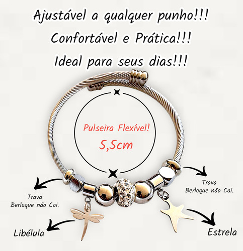 Bracelete Feminino Aço Inox Cirúrgico Cor Prata Berloque
