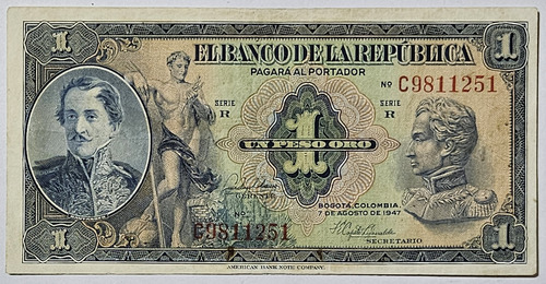 Billete 1 Peso 07/ago/1947 Prefijo C 7 Digitos Colombia Vf