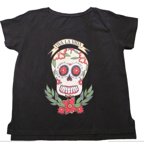 Remera Negra Calavera Mexicana Talle M Mujer