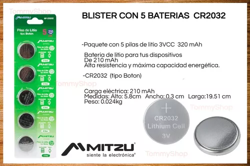 Mitzu® Kit de 5 pilas de litio CR2032 tipo botón de 210 mAh