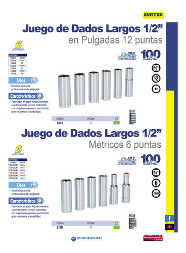 Juego De Dados Largos Cuadro De 1/2 12 Puntas, En Pulgadas,