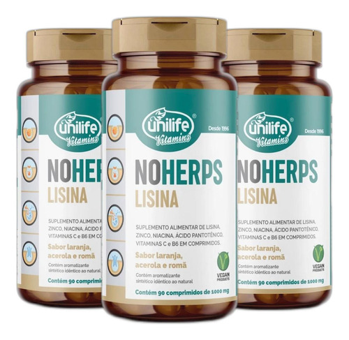 Suplemento Alimentar De Lisina Noherps 90 Comp.100mg Kit 3un