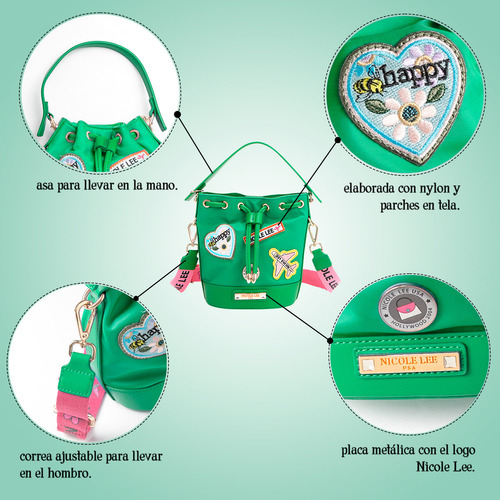 Bolsa De Jareta De Nicole Lee De Nylon Con Parches Ss25 Acabado de los herrajes Níquel Color Verde Correa de hombro Color Patch Diseño de la tela Color Patch