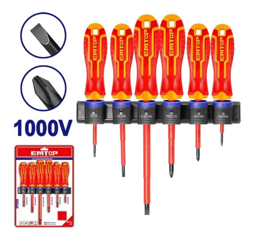 Set 6 Destornilladores Emtop 1000v Industrial Pl Y Ph Cr-v