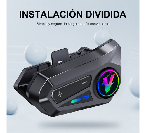 Fopnew V20 Intercomunicador Motocicleta Para Casco Bluetooth 5.3interfono Impermeable Ipx6 Micrófono Doble Lámpara Argb Led Modo De Chat En Grupo Intercomunicador Moto Negro Soni 3d Estéreo