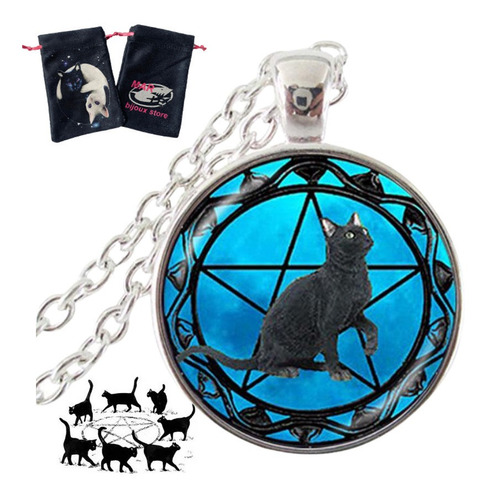 Colar Pingente Cat Gato Preto Pentagrama Wicca Black Cat