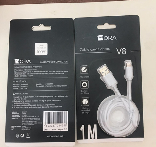 Cable Micro-usb V8 1hora Carga Rapida Celular