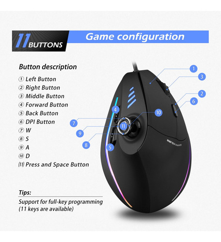. Zelotes C-18 Ratón Gaming Vertical Con Cable 11 Botones