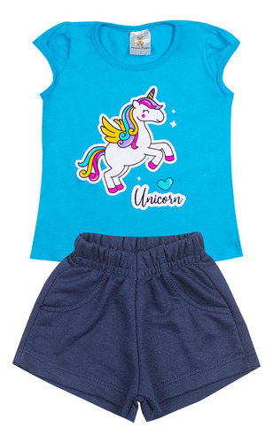 Conjunto Infantil Menina Unicórnio Shorts  Camiseta Promoção