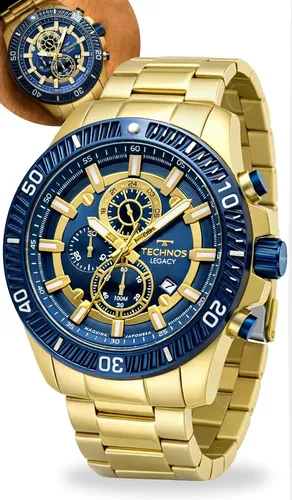 Relógio Technos Masculino Linha Legacy Extra Grande Bicolor Cronógrafo Brilha No Escuro Aço Inoxidável Prova D'água 100 Metros Fundo Azul Escuro