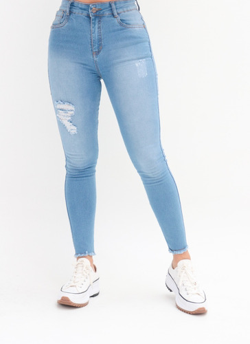 Imagen 1 de 10 de Jeans Tiro Alto Azul Flecos Stretch Dama Skinny Levantacola