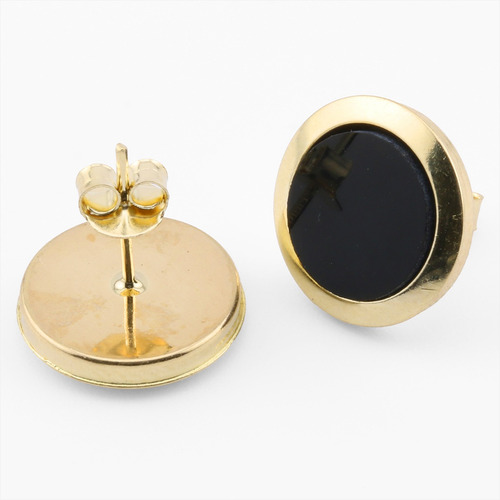 Aretes Broquel Círculo De Ónix Natural Oro Solido 10k 12 Mm