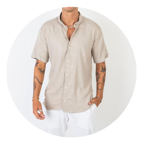 Camisa Lino Mangas Cortas Gris Cuello Mao Hombre