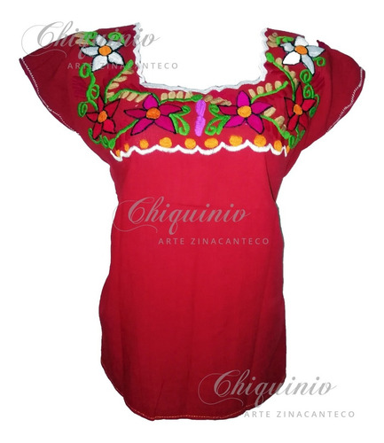 Blusa Artesanal Bordada Flores Cuello Cuadrado Chiapas