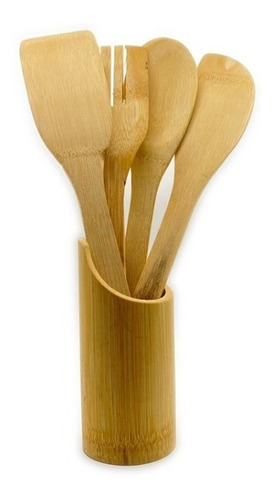 Set Utensilios Madera Bambú Cocina Cuchara Espátula X4