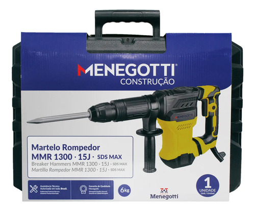 Martelo Rompedor Menegotti Mmr1300 15 Joules 1300w Sds Max 6kg Com Ponteira, Talhadeira, Maleta, Escovas E Lubrificação - Ideal Para Uso Profissional E Industrial Com Troca Rápida De Acessórios E Cabo